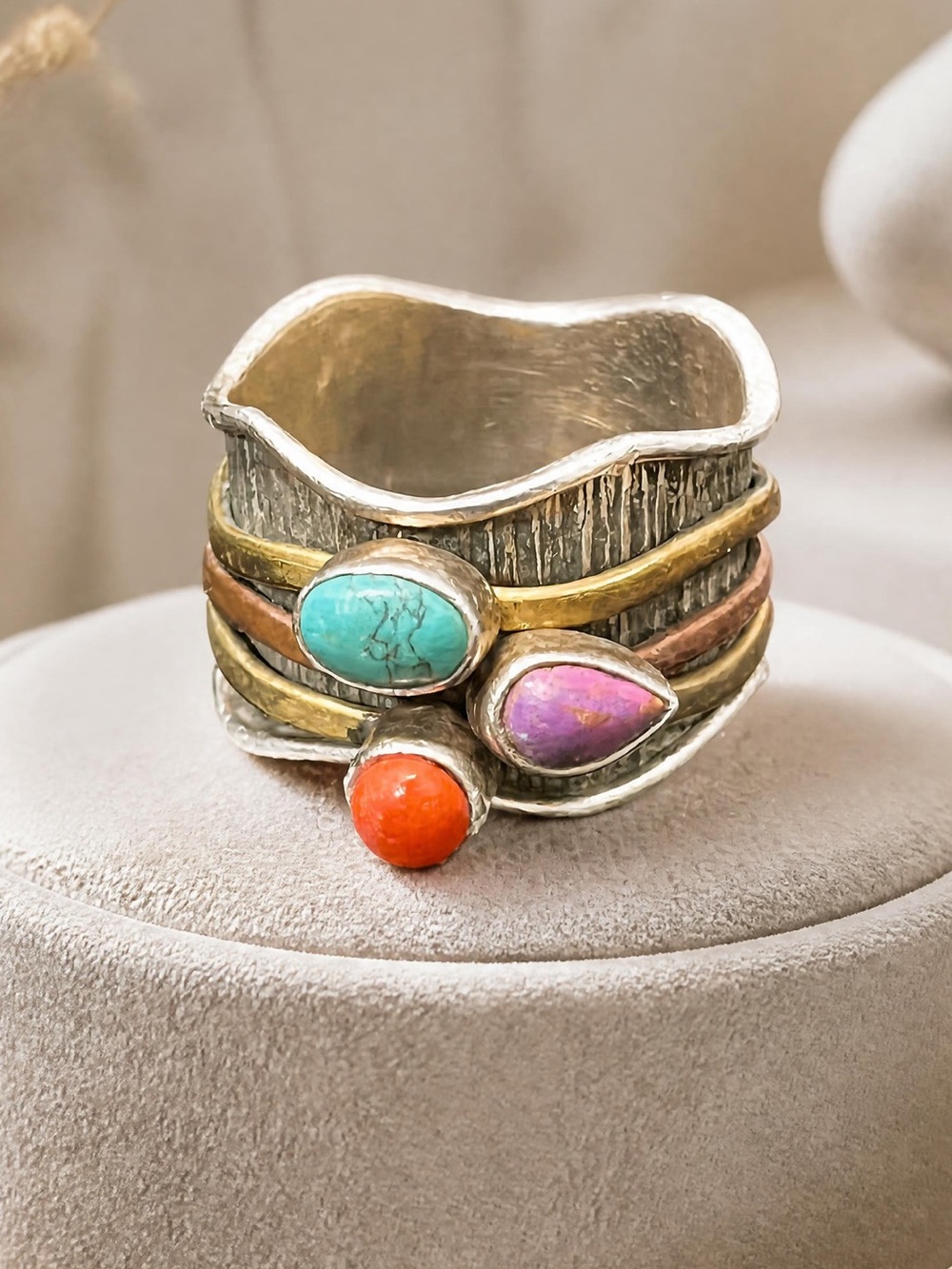 Sterling Silver Spinner Ring Sz 8 Turquoise Coral Purple Spiny Oyster 1840